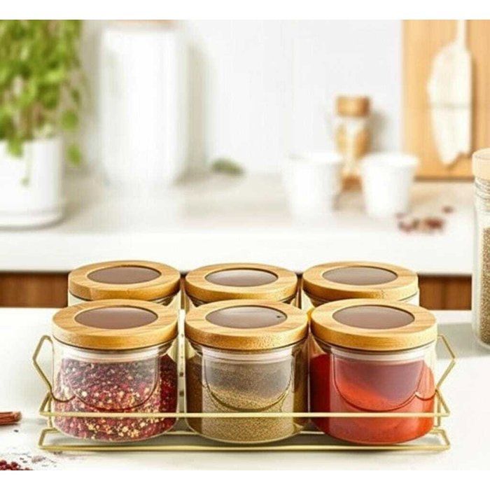 Set de 6 bocaux en verre ambré avec couvercles en bois + support doré