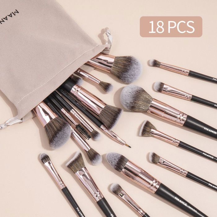 Set de pinceaux de maquillage - Maange - 18 pièces - Rose gold - Inclus : 5 éponges - Sac de transport