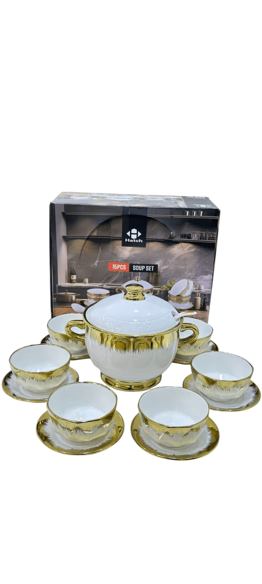 SOUPIÈRE 15 PIÈCES ET 6 BOLS EN PORCELAINE BLANCHE DÉTAILS DORE