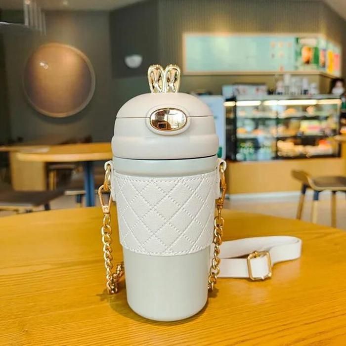 Tasse thermos en acier inoxydable avec paille rebondisnoyaux, tasse en forme de lapin mignon, Couleur beige 400ml