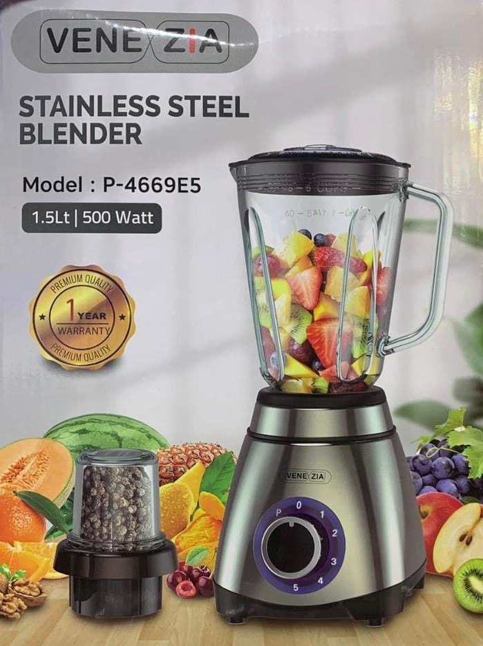 VENEZIA ITALIAN DESIGN Mixeur blender 5 vitesses 1,5 litres 500W + moulin à épice en verre