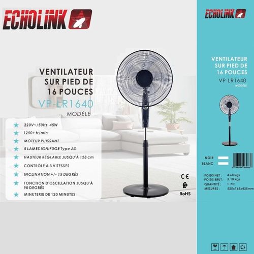 Ventilateur 16" sur pied, 3 vitesses, oscillant et inclinable, VP-LR1640